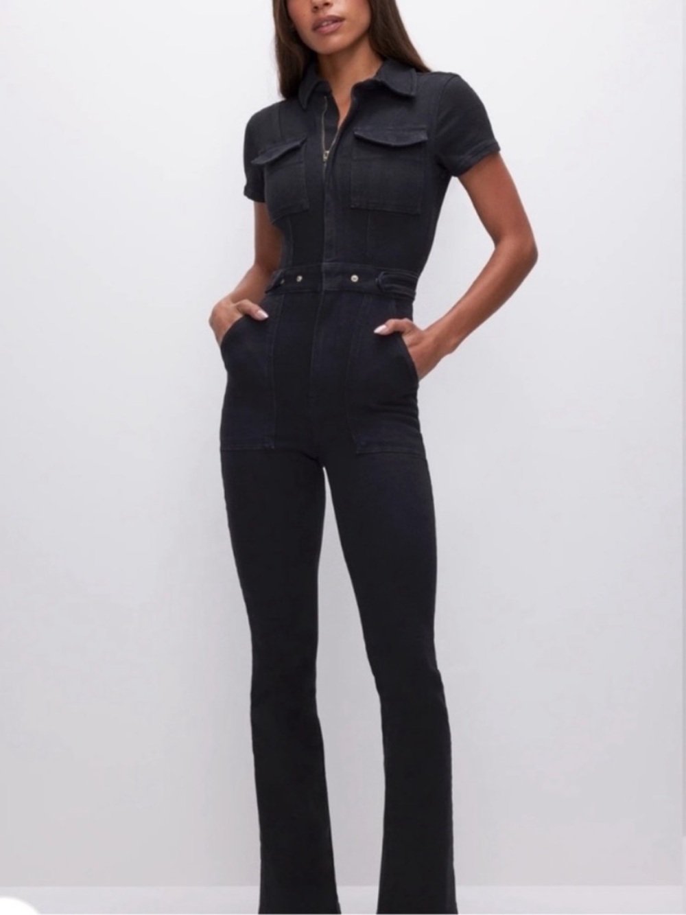 Good American Fit for Success Bootcut Black Denim Jumpsuit Short Sleeve XL NWT